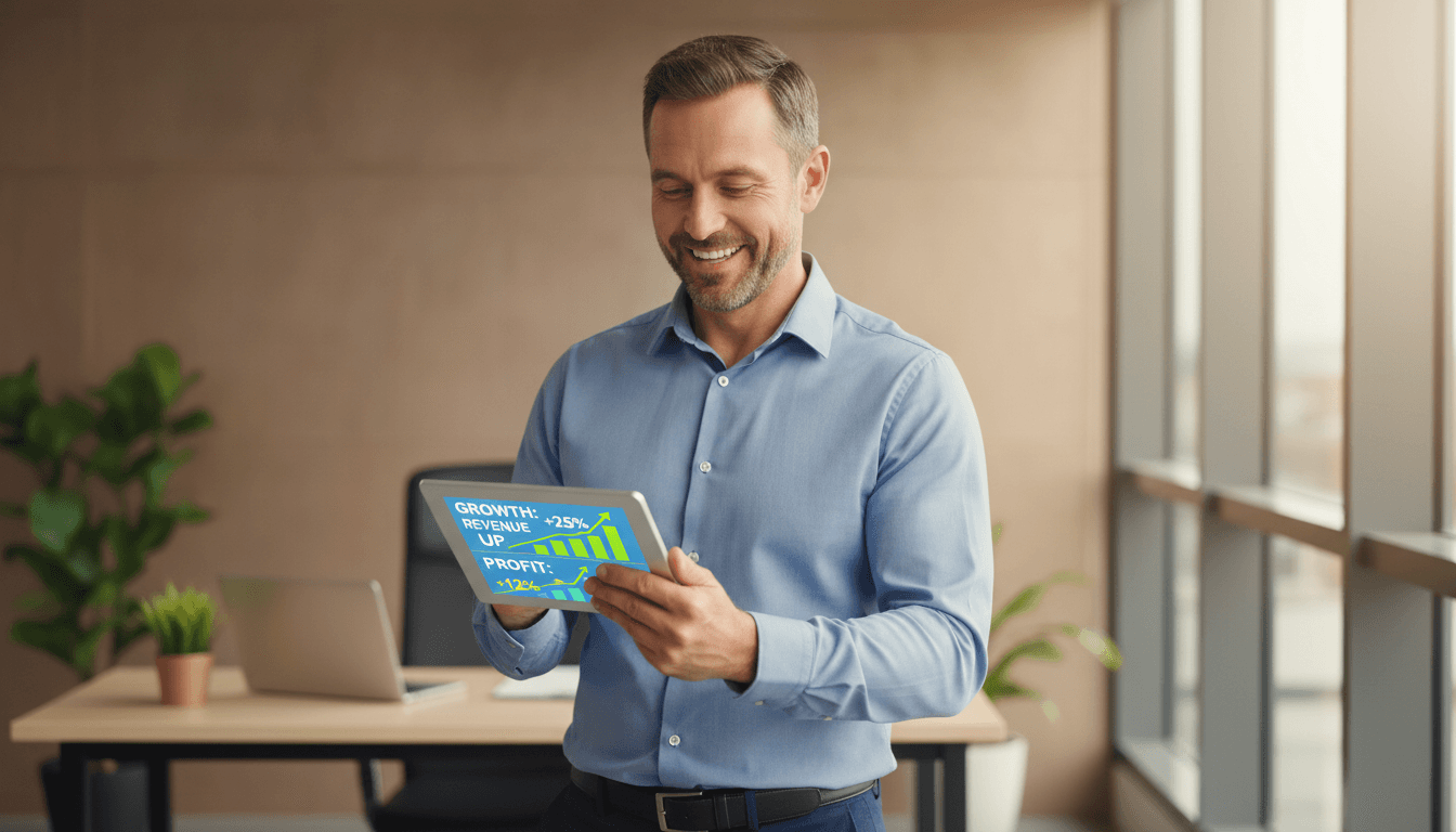 Business owner reviewing funding approval and growth metrics on tablet