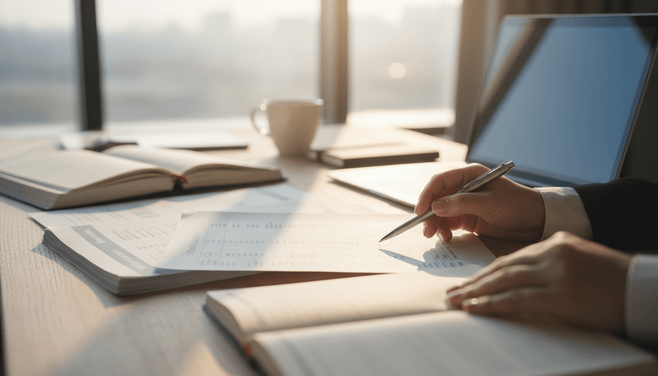 Business owner reviewing financial statements and bank records